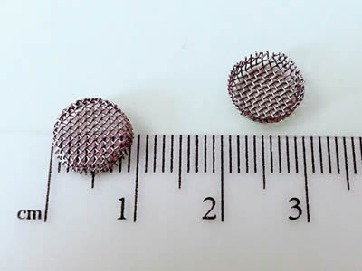 Deux petits filtres en forme de cuvette sont mesurés par une règle et leurs diamètres sont environ 9 millimètres.